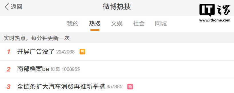 Weibo trending screenshot showing #SplashScreenAdsGone at #1